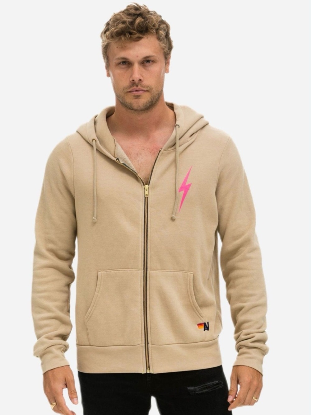 Aviator Nation Bolt Zip Hoodie tan unisex Sz L